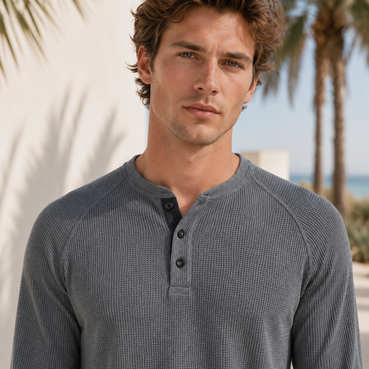 Teifion - Klasyczny T-Shirt Henley z Teksturą