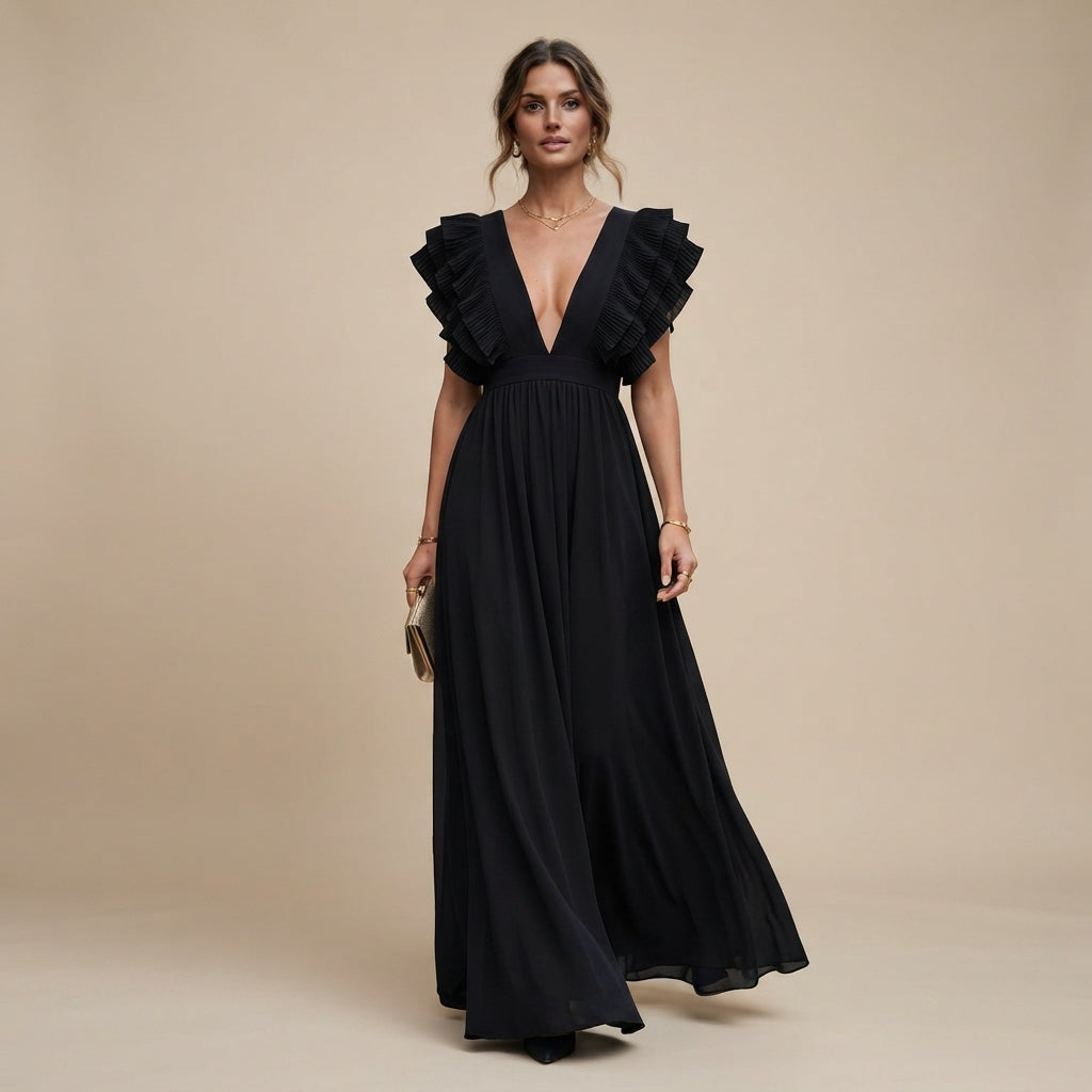 Zhallie - Elegancka Maxi Sukienka z Falbankami