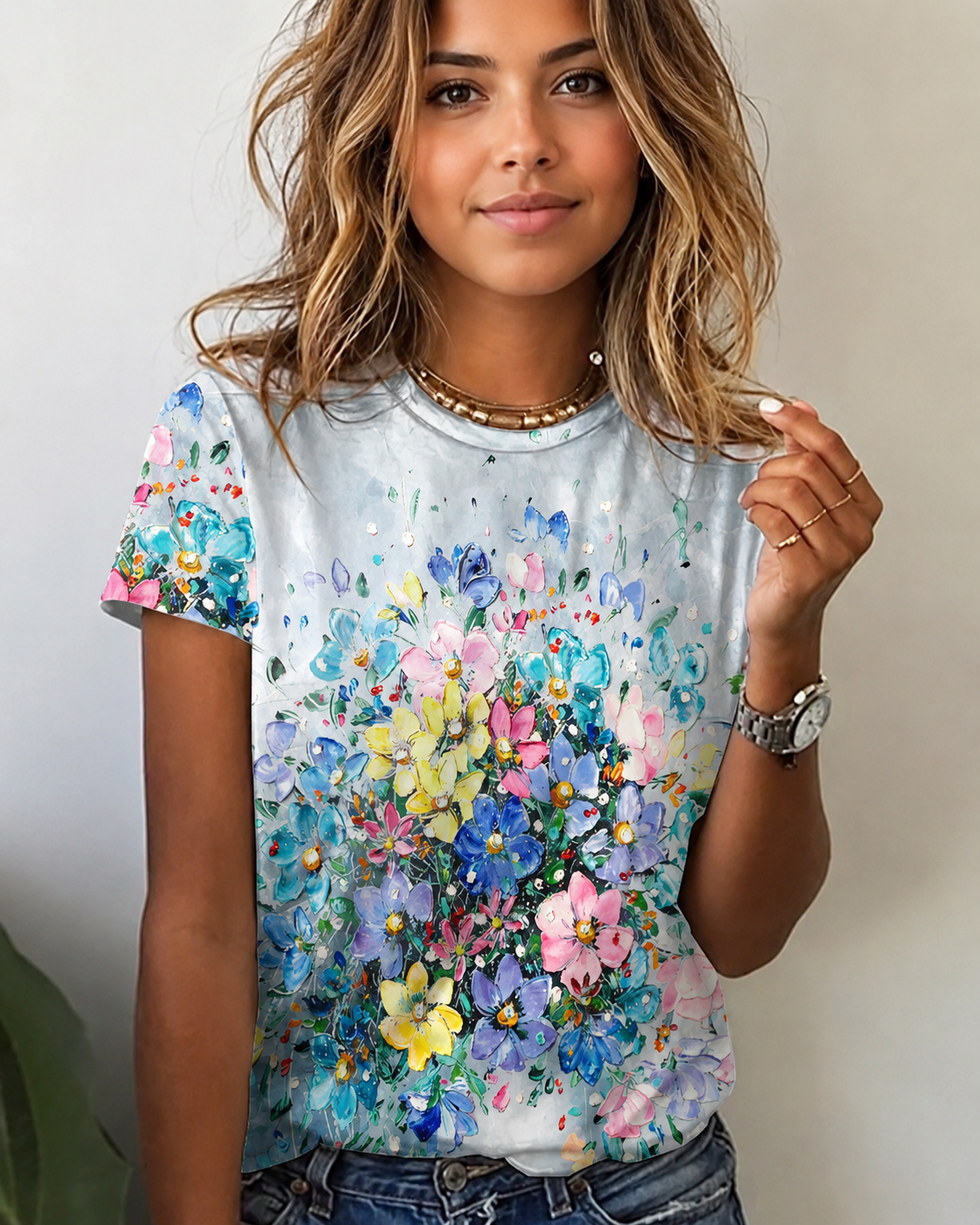 Rajanece - Elegancki T-shirt z Okrągłym Dekoltem
