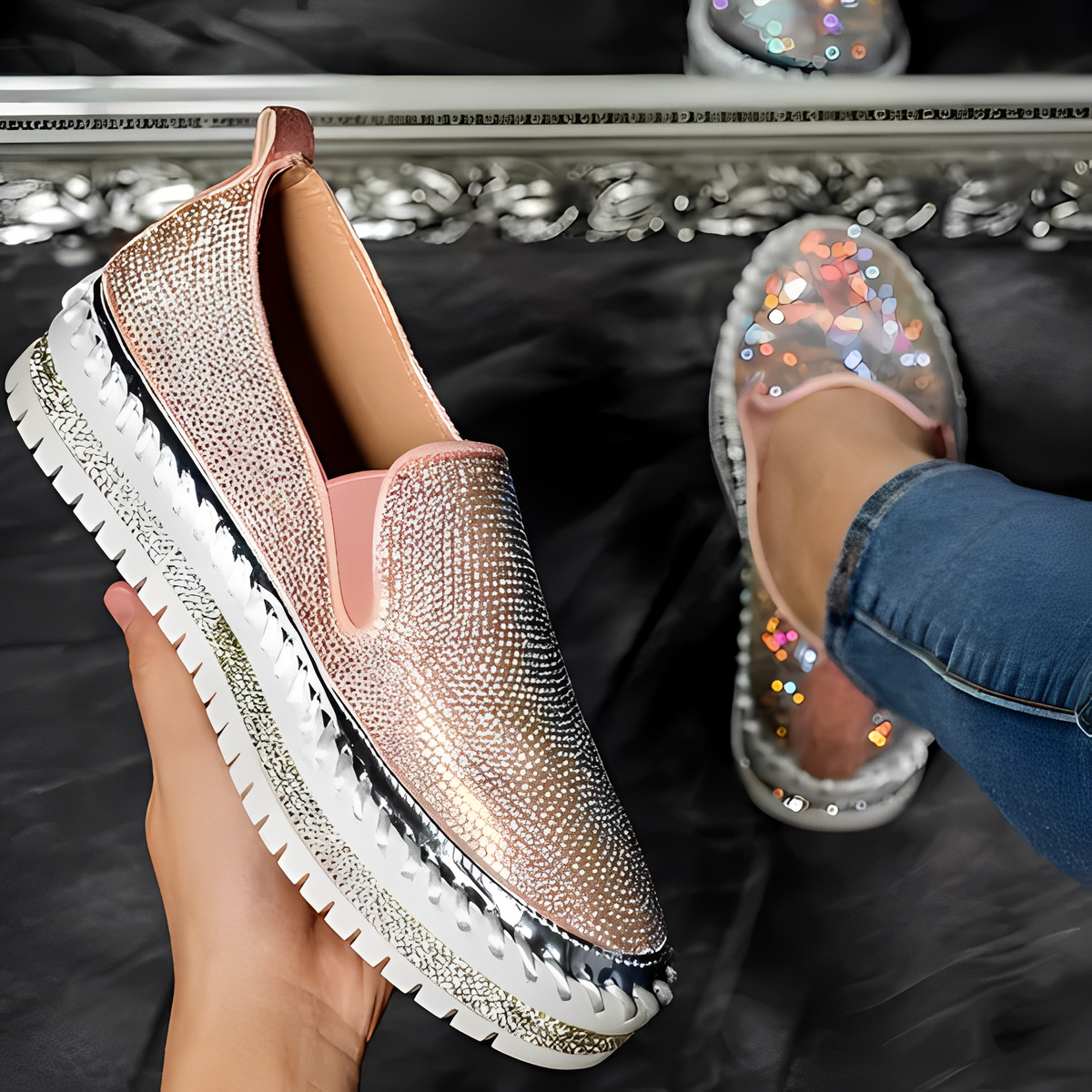 Keyshia - Błyszczące Loafersy z Diamentami