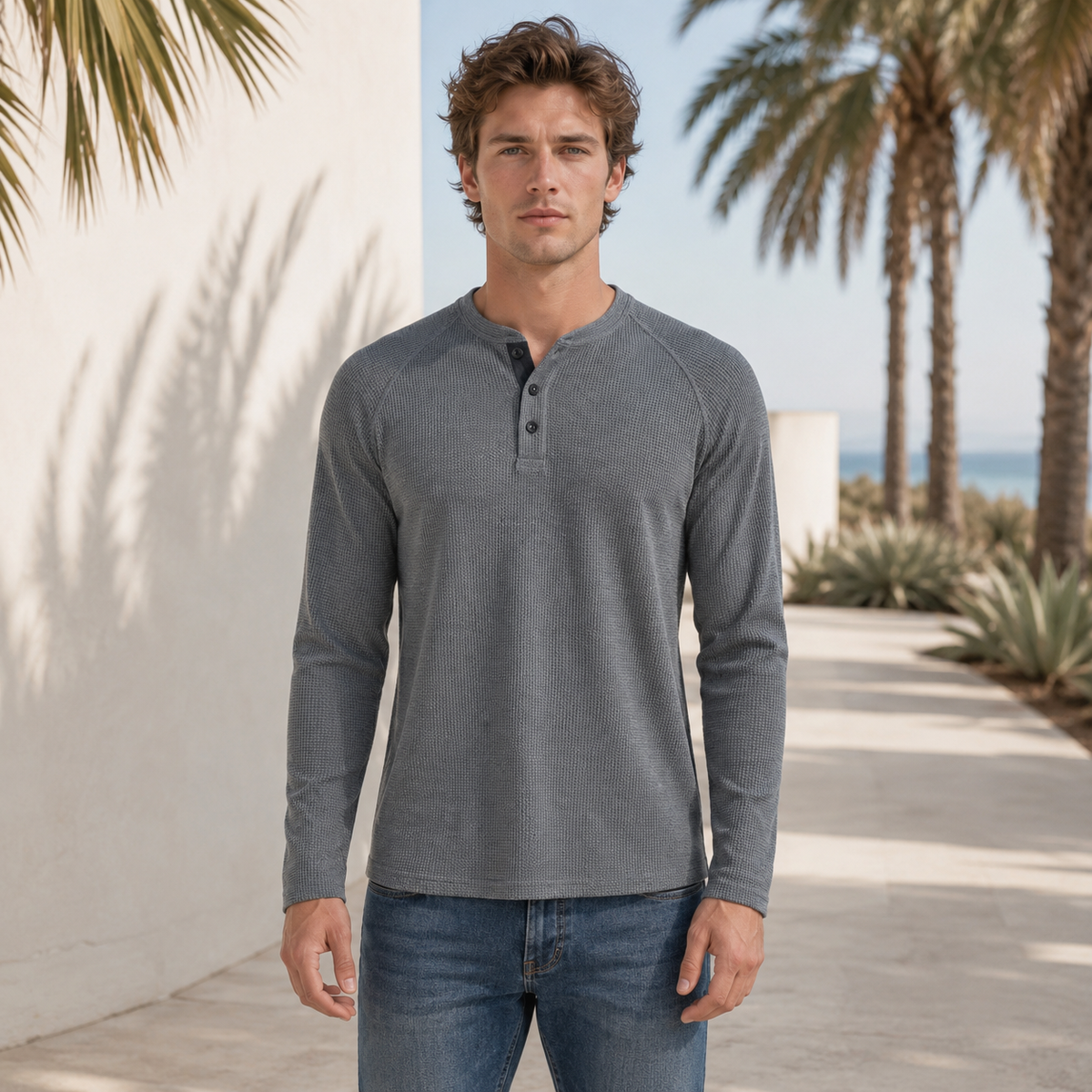 Teifion - Klasyczny T-Shirt Henley z Teksturą