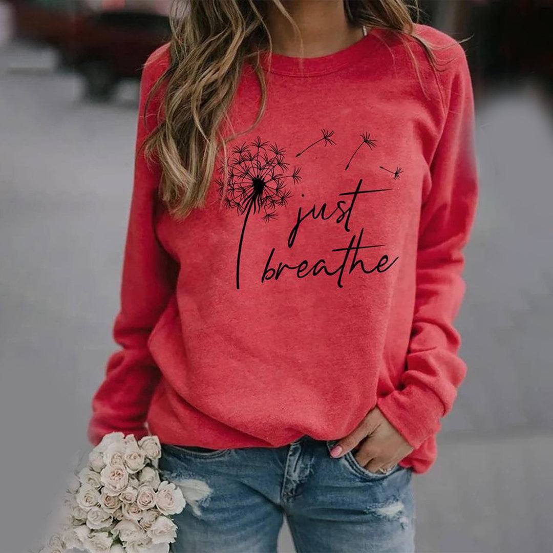 Bluza damska z motywem 'Just Breathe' - luźny krój, długie rękawy, okrągły dekolt