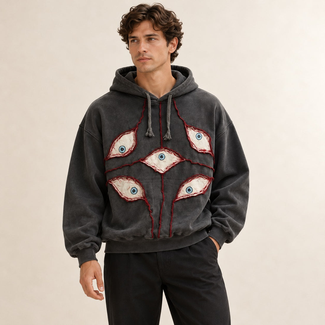 Bluza z kapturem mężczyźni, crop oversize z patchworkiem oczu i kapturem z regulowanym sznurkiem