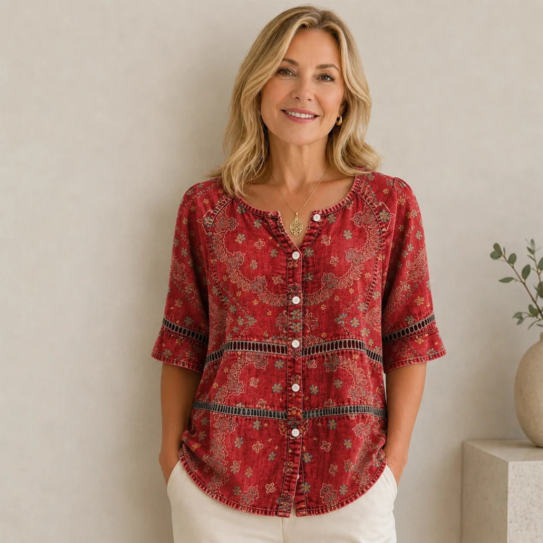 Bluzka damska z guzikami z przodu, dekolt V z rozcięciem, rękaw 3/4, zakrzywiony dół, wzór etniczny paisley