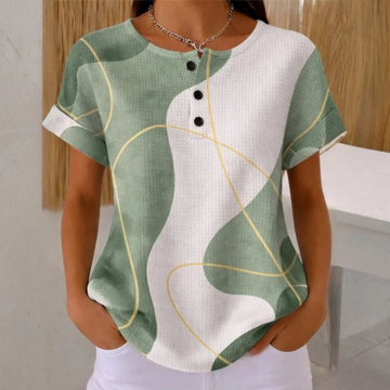 Bluzka damska z krótkim rękawem, zapięcie na 3 guziki Henley, okrągły dekolt, luźny krój, abstrakcyjny print colorblock