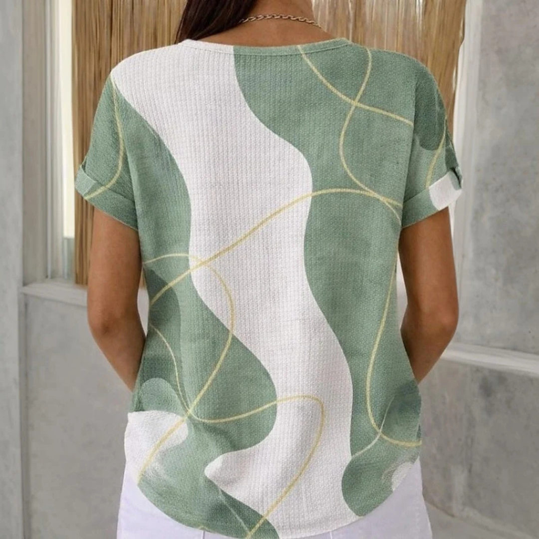 Bluzka damska z krótkim rękawem, zapięcie na 3 guziki Henley, okrągły dekolt, luźny krój, abstrakcyjny print colorblock