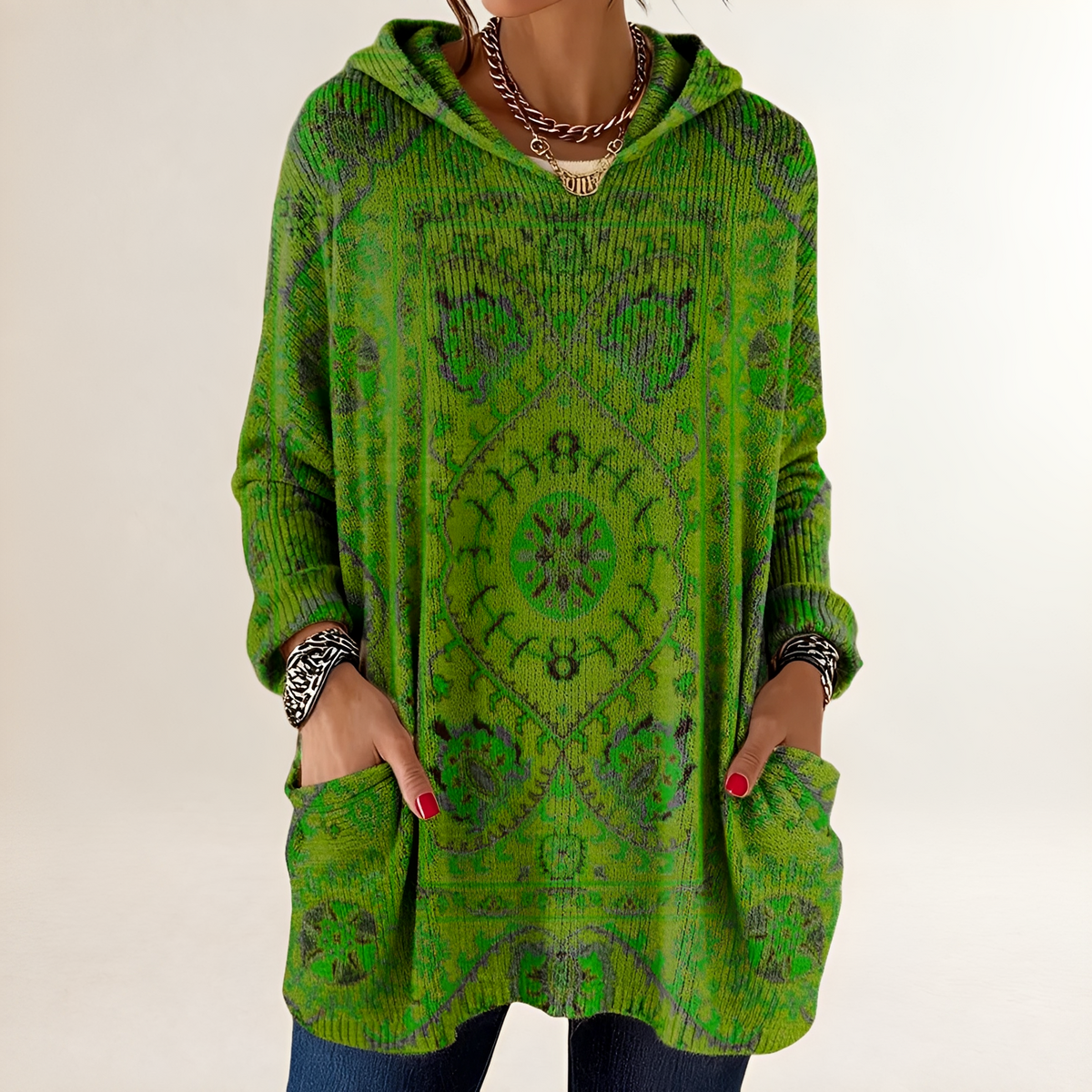 Damska bluza hoodie tunikowa z kieszeniami i nadrukiem etnicznym