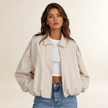 Damska kurtka bomber oversize z wyraźnym kołnierzem i cropped długością