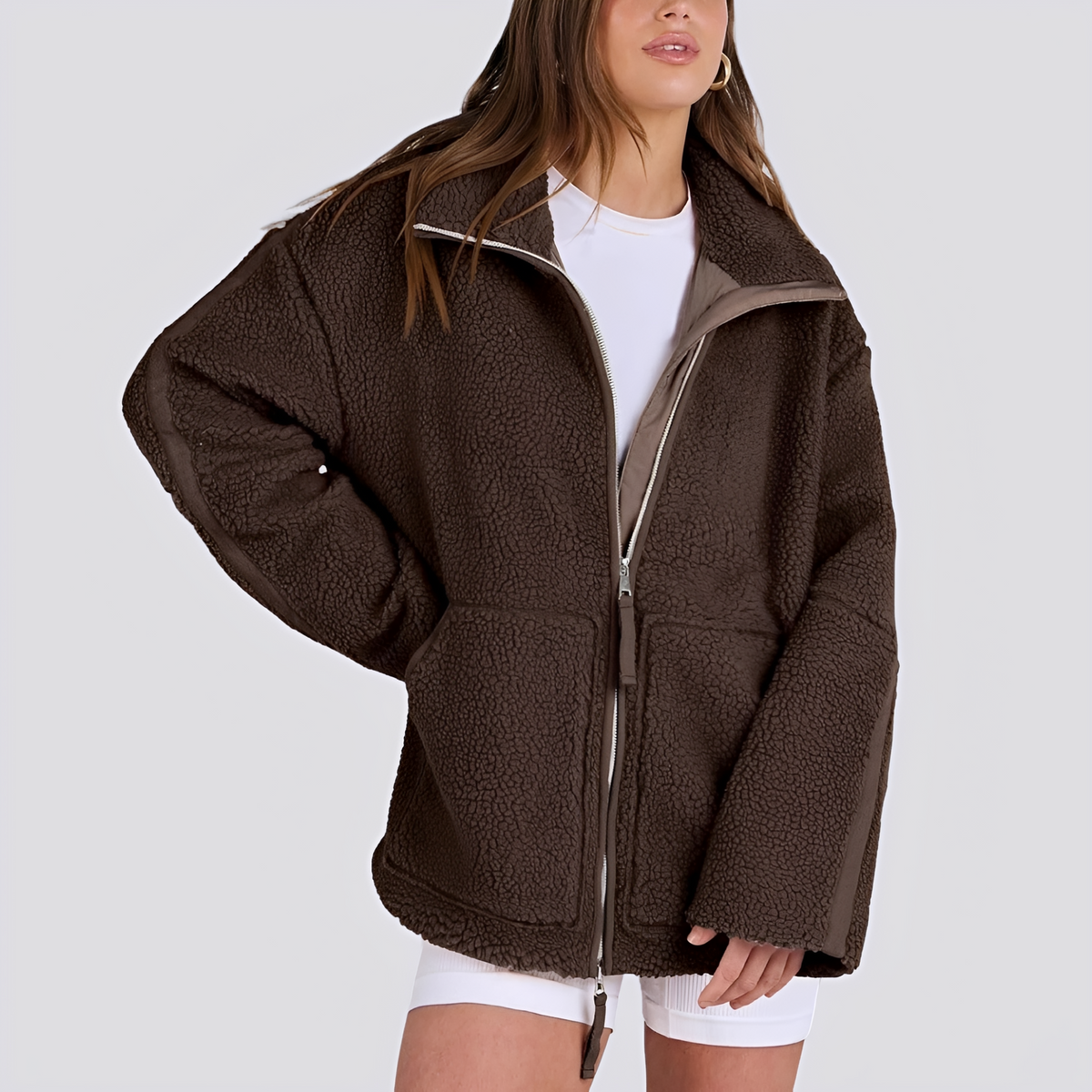 Damska kurtka teddy oversize z zamkiem i kieszeniami