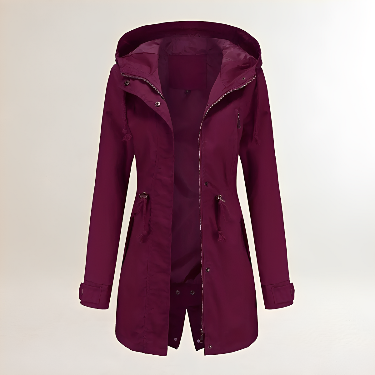 Damska parka z kapturem i zamkiem - regulowany pas, długie rękawy
