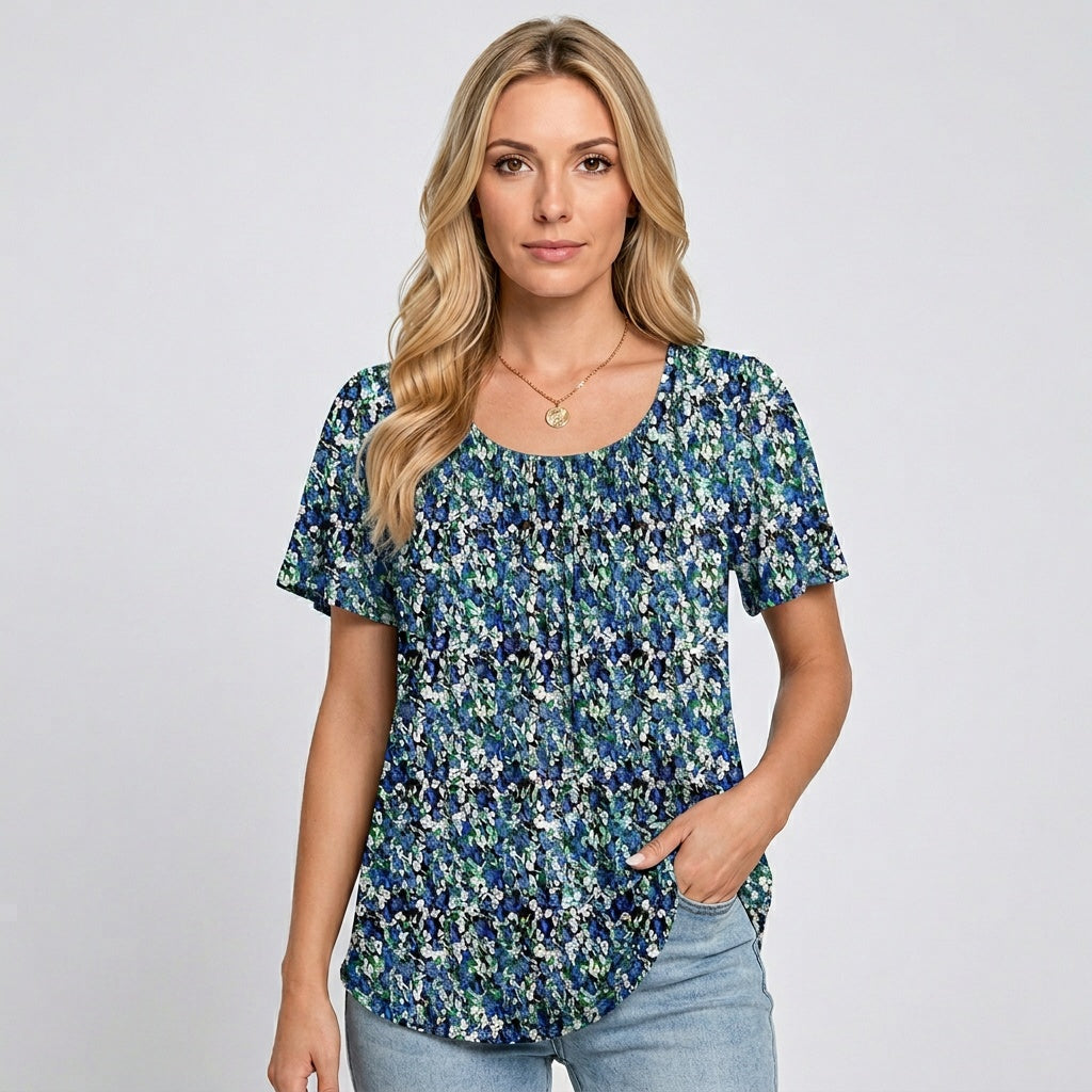 Damska T-shirt z krótkim rękawem i plisowanym detalem - luźny krój