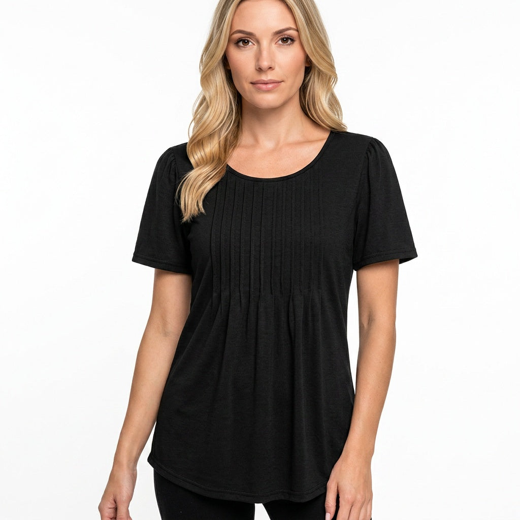 Damska T-shirt z krótkim rękawem i plisowanym detalem - luźny krój