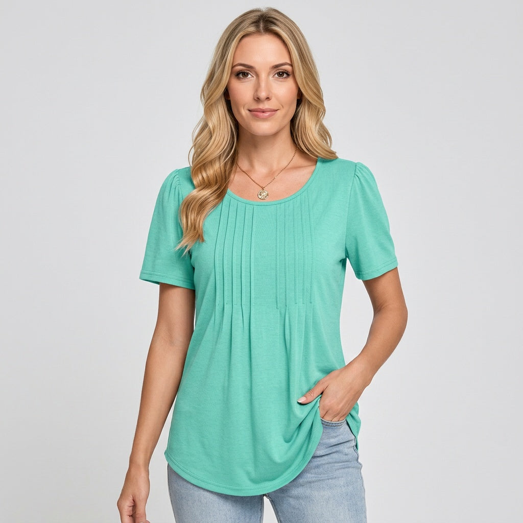 Damska T-shirt z krótkim rękawem i plisowanym detalem - luźny krój