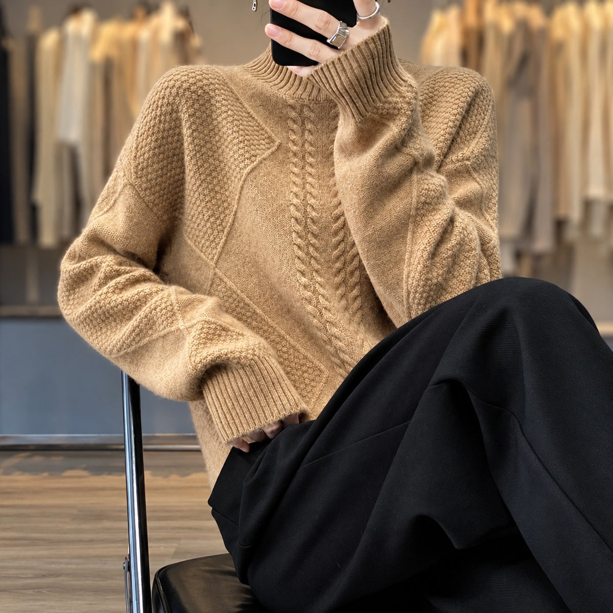 Damski sweter golf z teksturowanym wzorem luźny krój