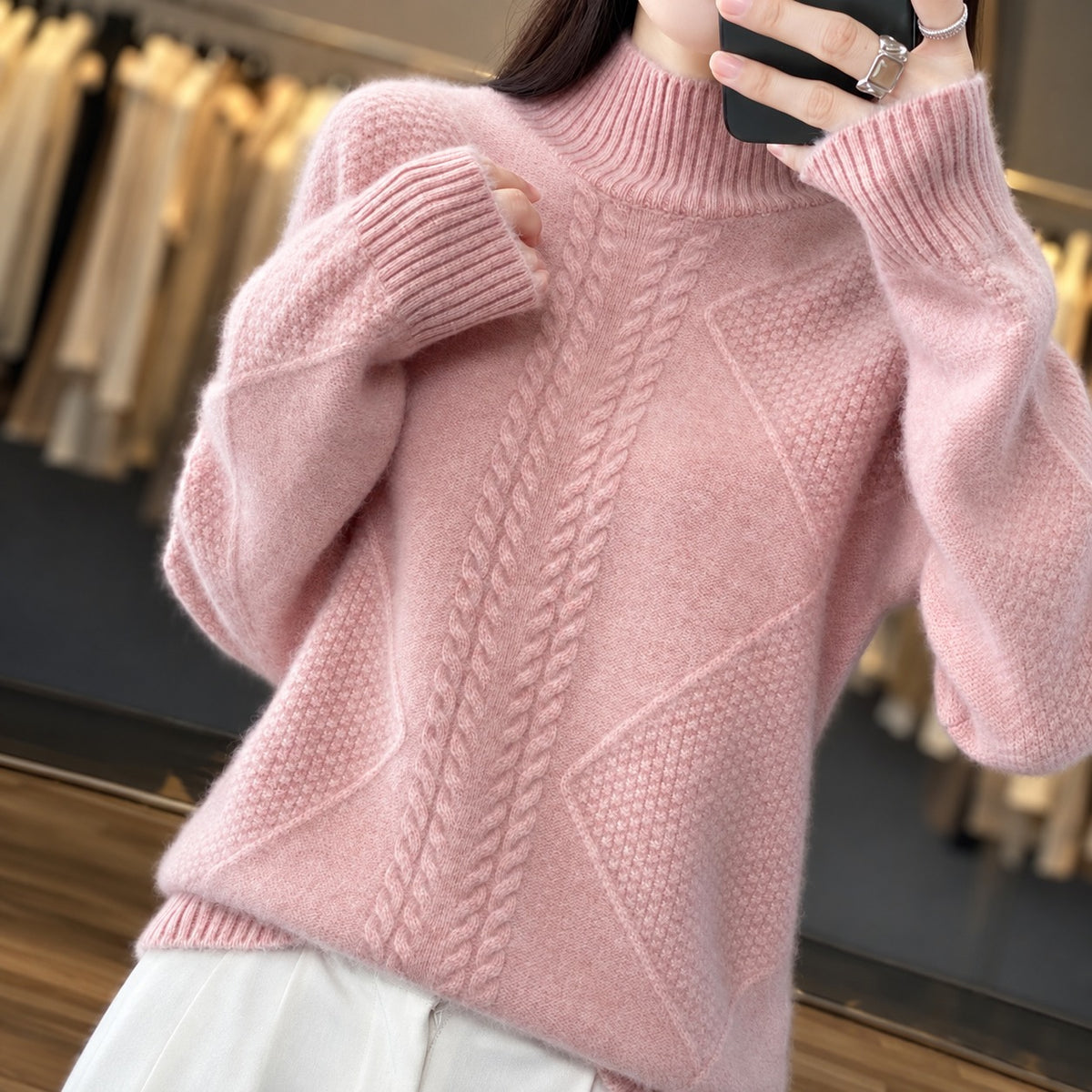 Damski sweter golf z teksturowanym wzorem luźny krój