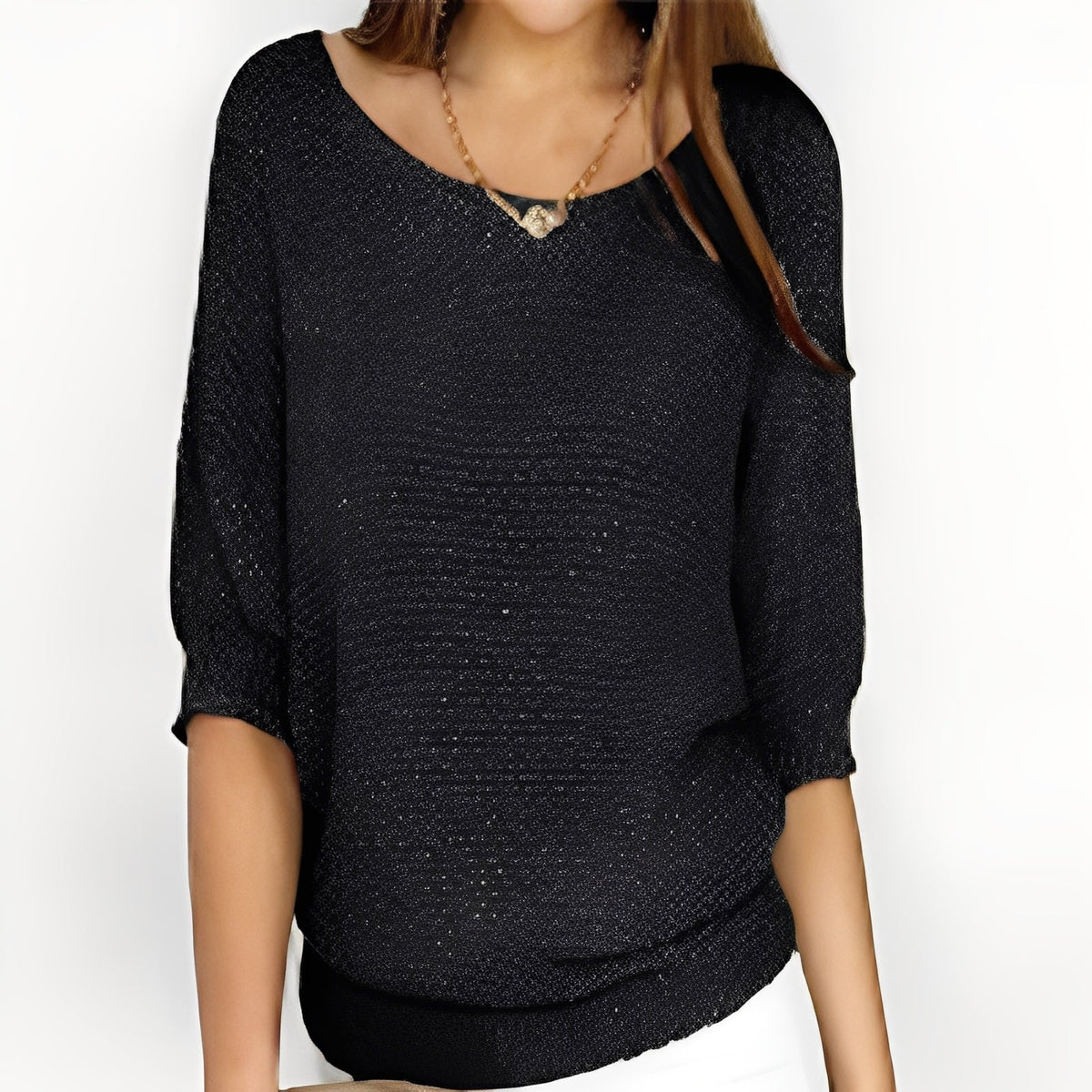 Damski sweter oversize z odkrytymi ramionami i 3/4 rękawami - luźny krój