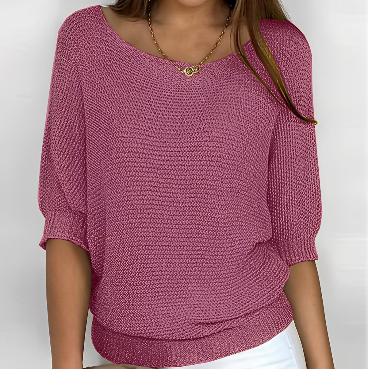 Damski sweter oversize z odkrytymi ramionami i 3/4 rękawami - luźny krój