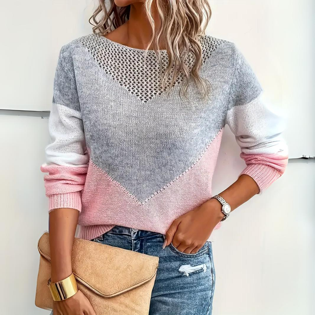 Damski sweter z kolorowym blokiem relaxed fit długi rękaw dekolt typu scoop