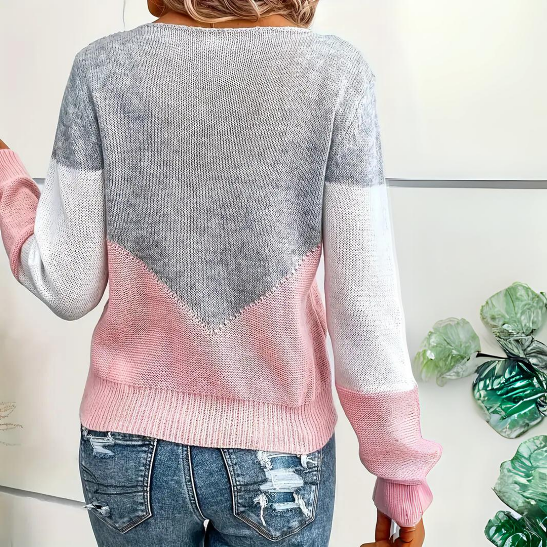 Damski sweter z kolorowym blokiem relaxed fit długi rękaw dekolt typu scoop