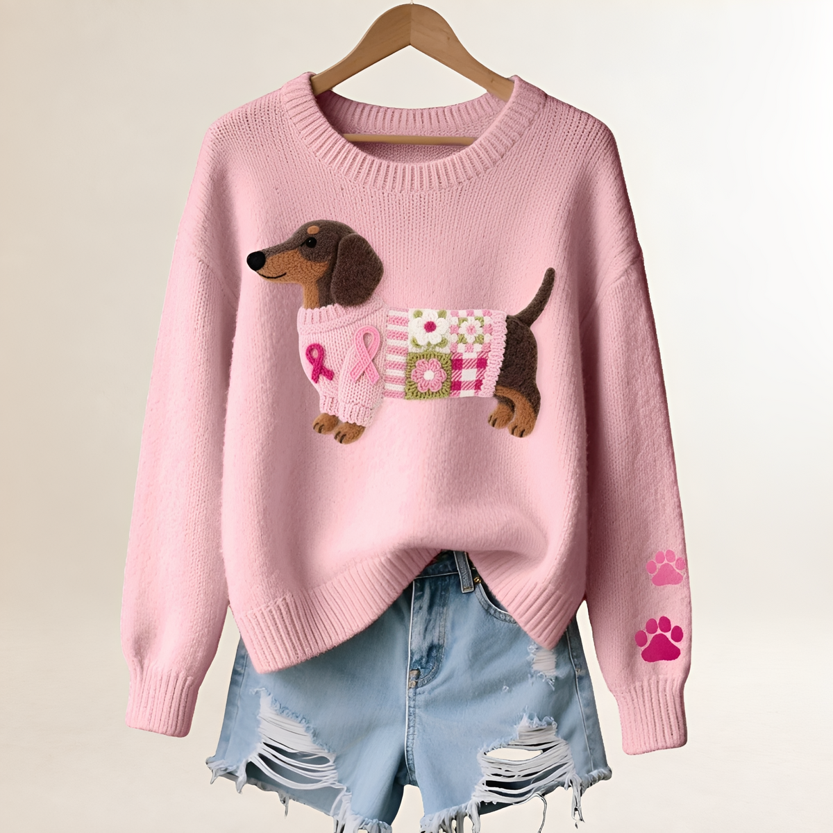Damski sweter z motywem jamnika w patchworku dekolt V luźny krój