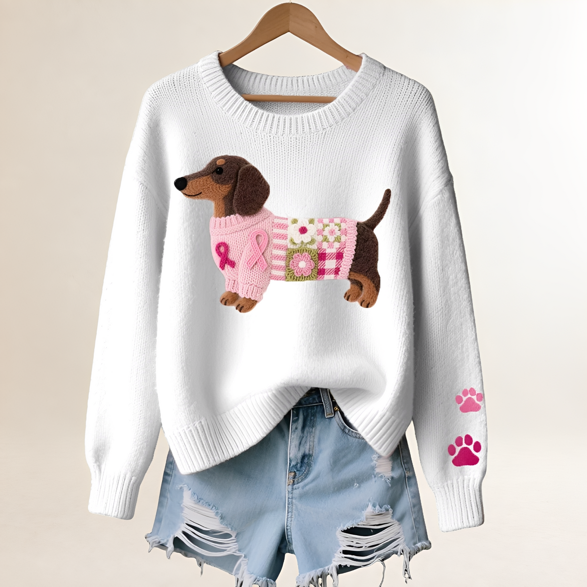 Damski sweter z motywem jamnika w patchworku dekolt V luźny krój