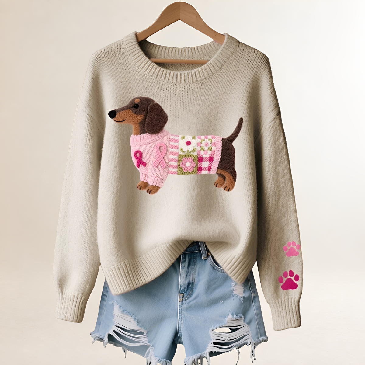 Damski sweter z motywem jamnika w patchworku dekolt V luźny krój