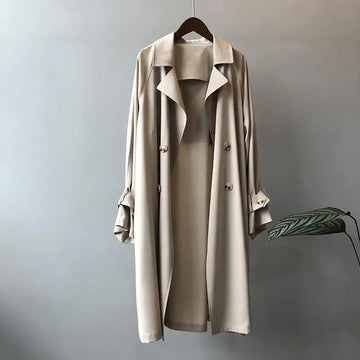 Damski trench coat double-breasted z guzikami i paskiem na rękawach