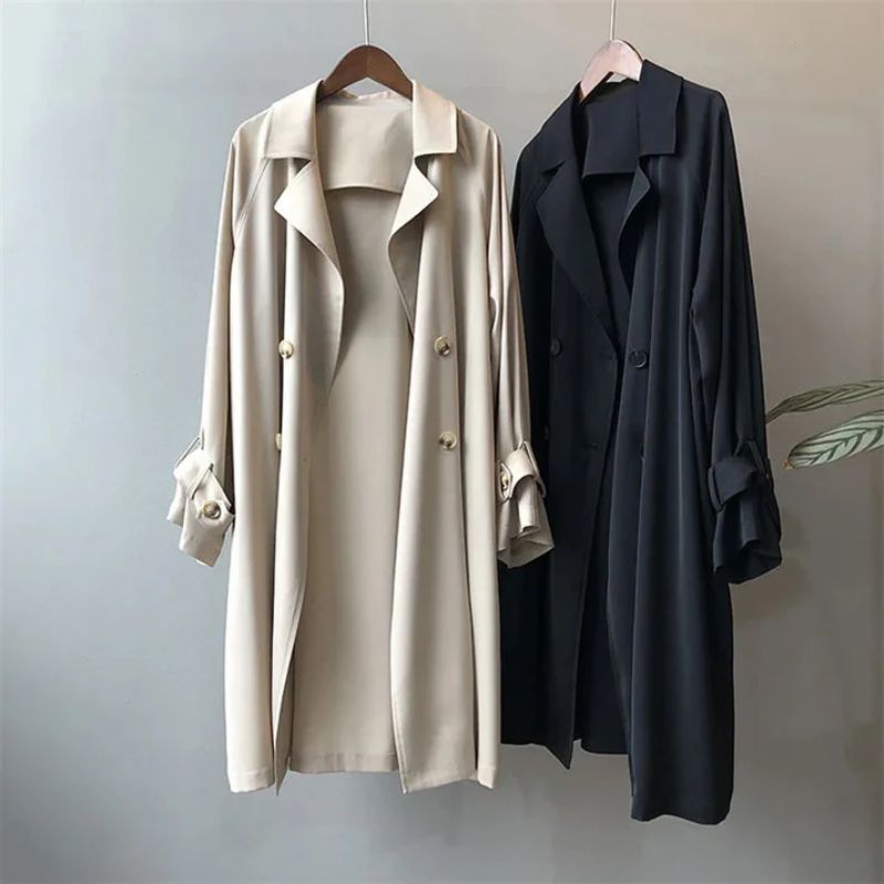 Damski trench coat double-breasted z guzikami i paskiem na rękawach