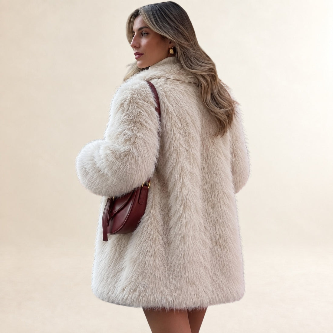 Kobieta Teddy coat długie, notched lapel, luźny krój, długość do połowy uda