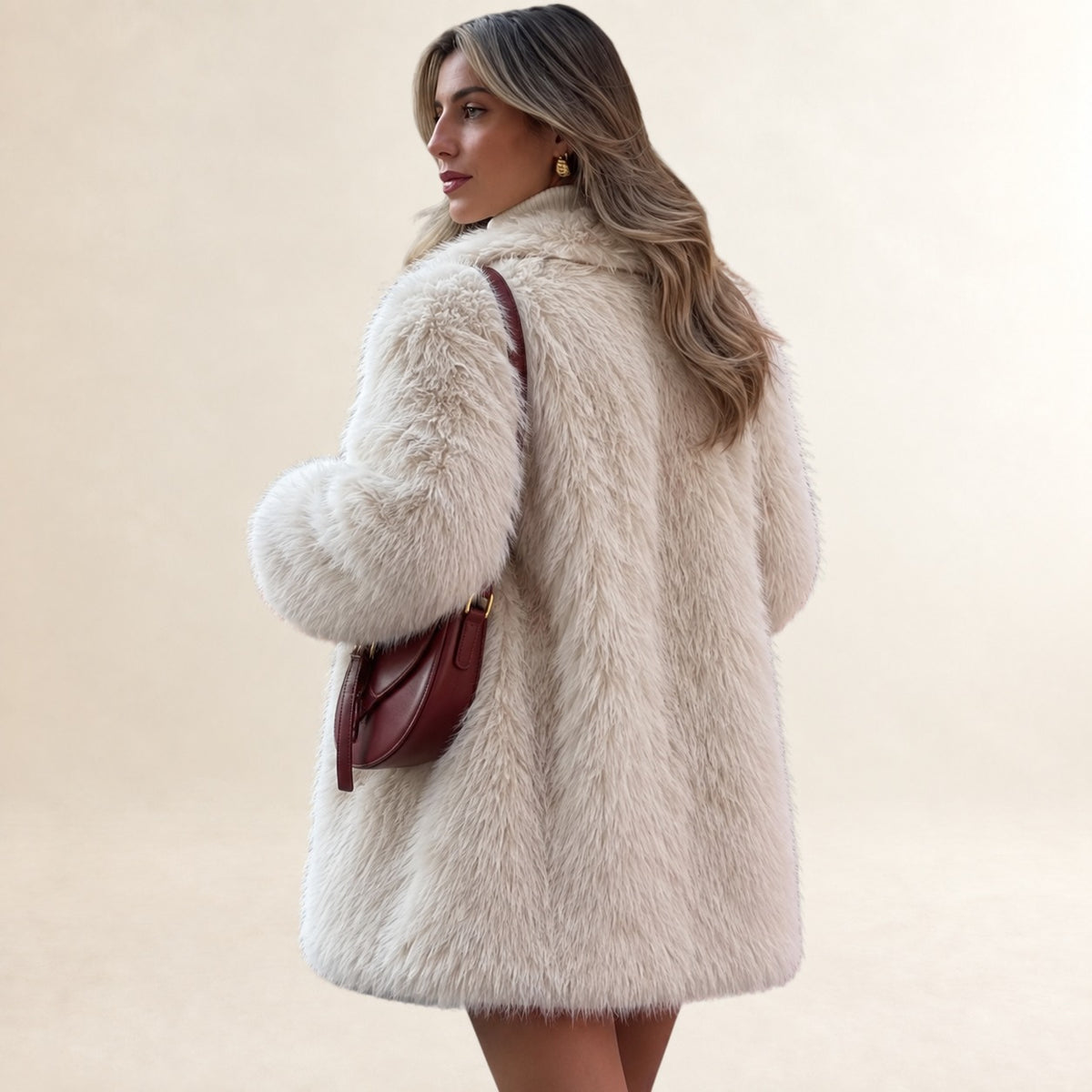 Kobieta Teddy coat długie, notched lapel, luźny krój, długość do połowy uda