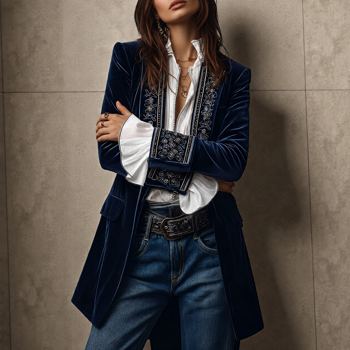 Kobiety Tailored Longline Jacket z haftowaną lamówką i szerokimi mankietami