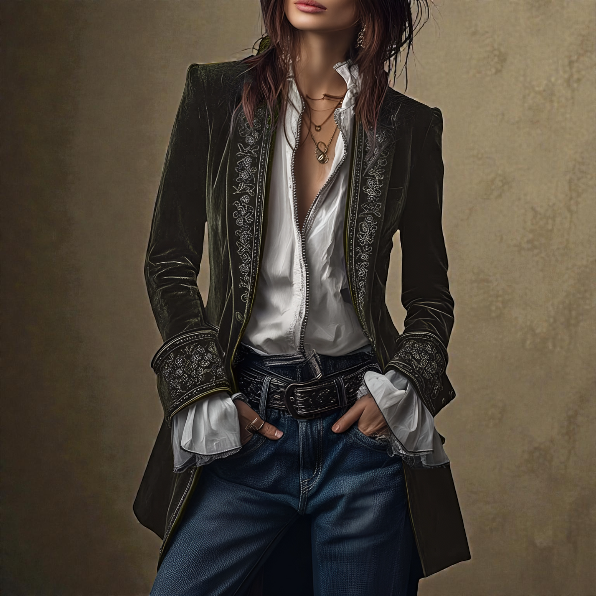 Kobiety Tailored Longline Jacket z haftowaną lamówką i szerokimi mankietami