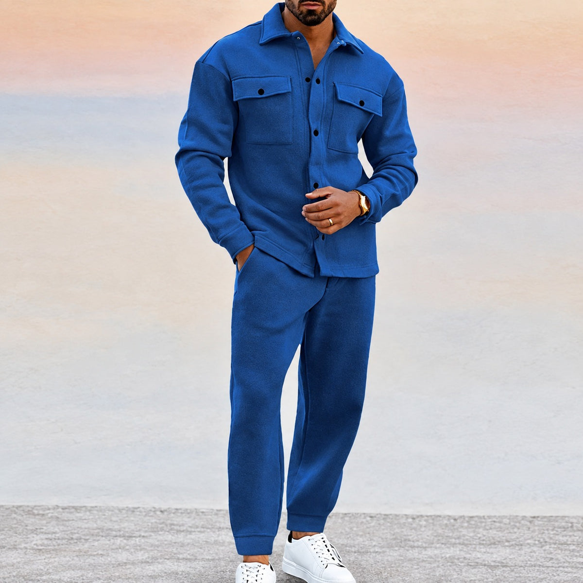Męczny zestaw sportowy z kurtką na guziki i joggerami - relaxed fit