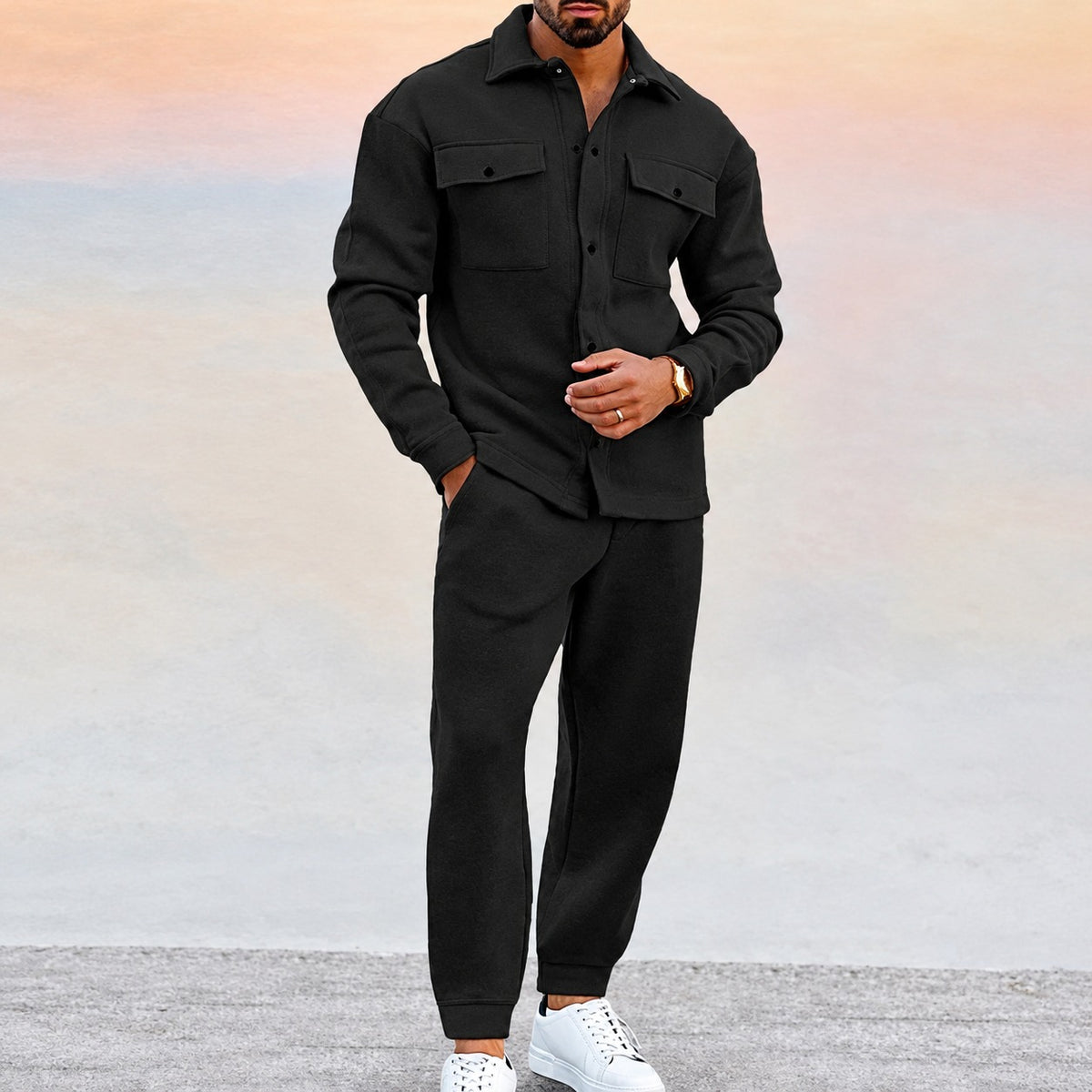 Męczny zestaw sportowy z kurtką na guziki i joggerami - relaxed fit