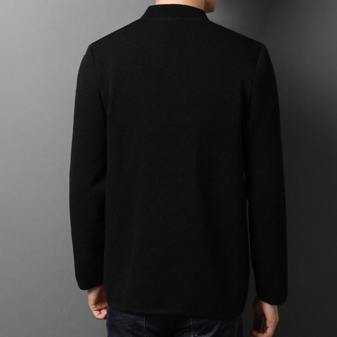 Mężczyźni - Cardigan z kołnierzykiem stojącym, zapinanie na dwa guziki, kieszenie łatowe, slim fit