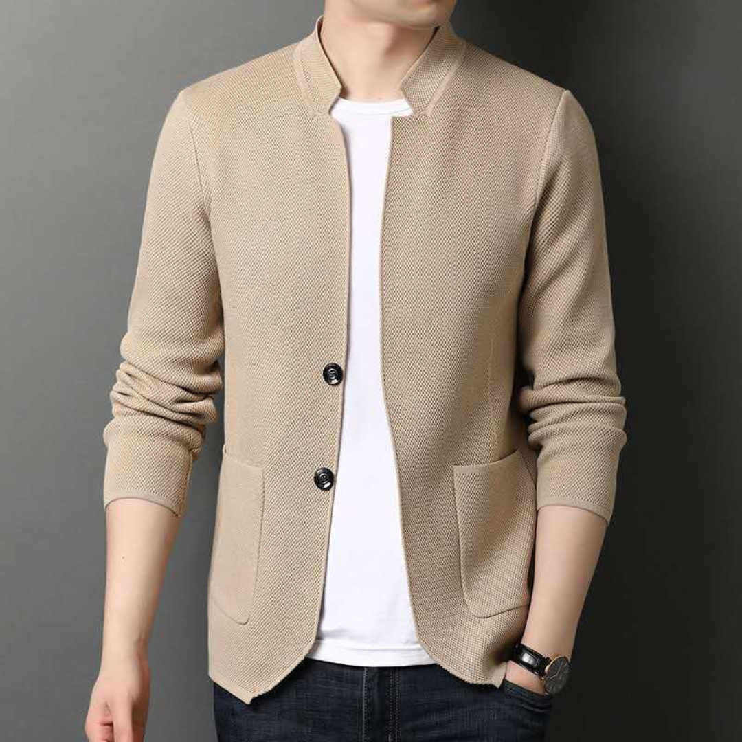 Mężczyźni - Cardigan z kołnierzykiem stojącym, zapinanie na dwa guziki, kieszenie łatowe, slim fit