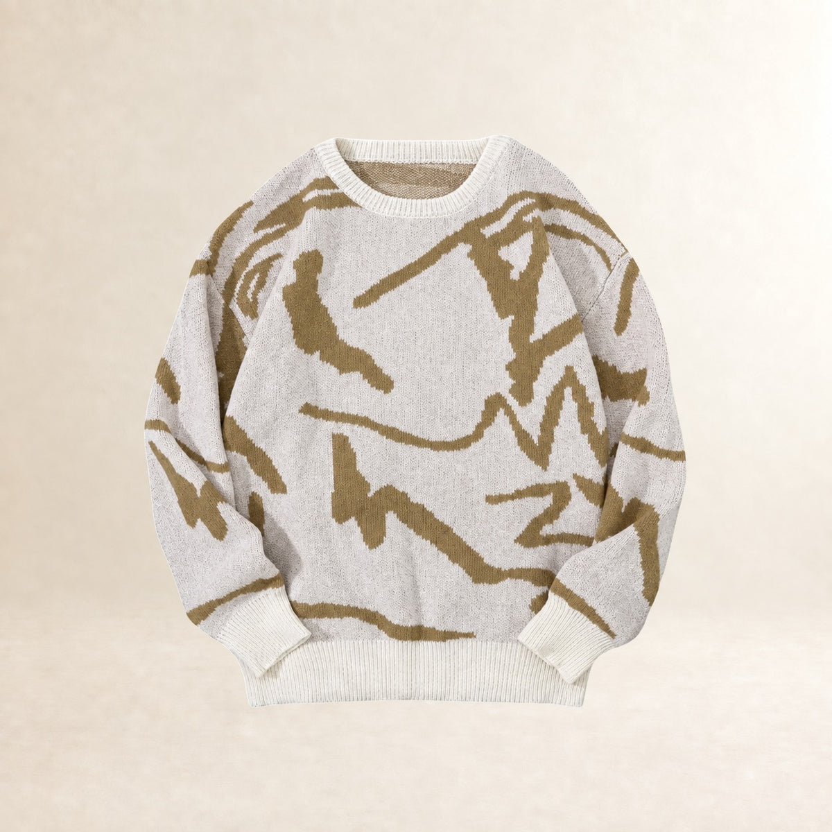 Męry sweter z abstrakcyjnym wzorem, dekoltem crew neck i ribowanymi mankietami