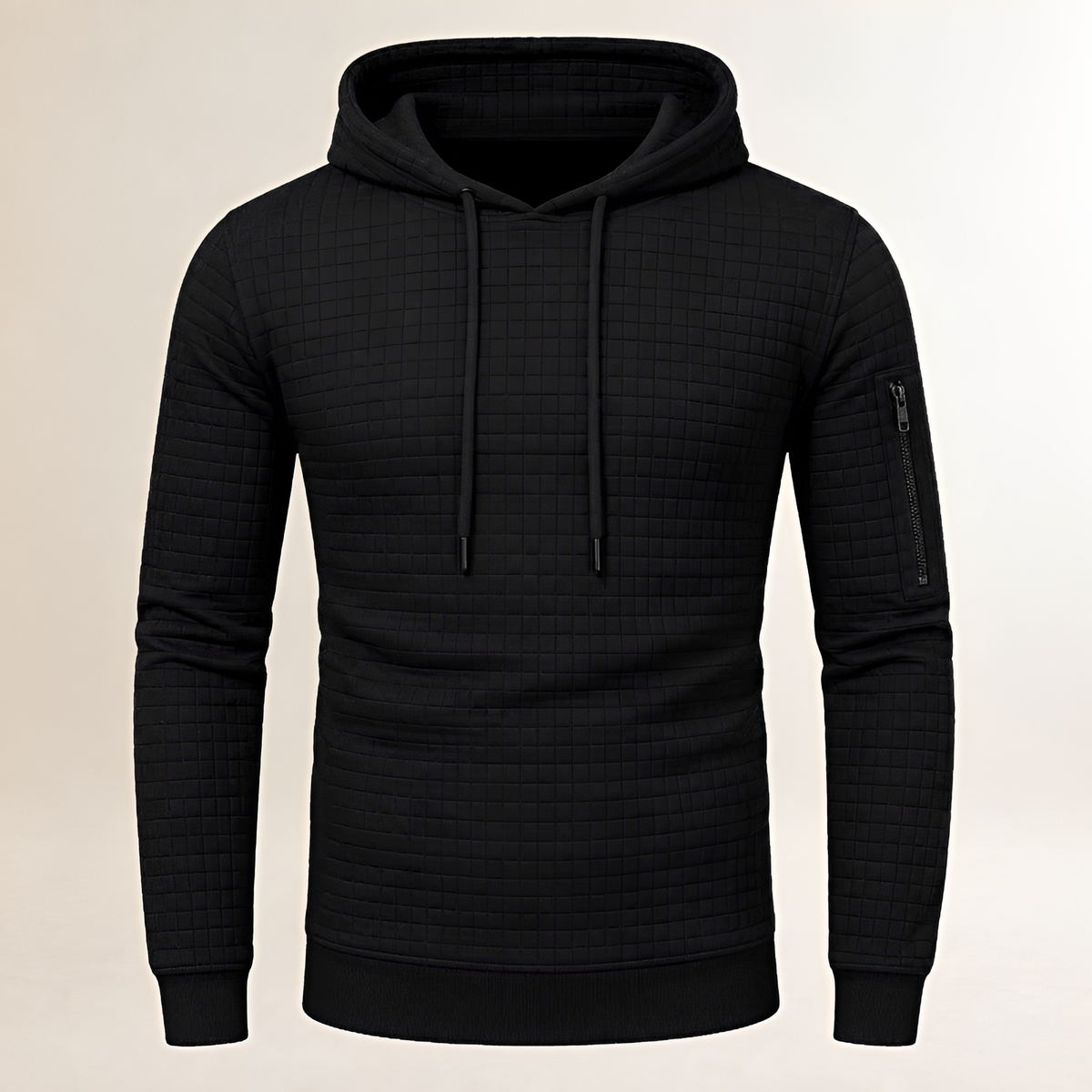 Męska bluza Hoodie dopasowana – kwadratowe przeszycia, kaptur, kieszeń na ramię i kangurka