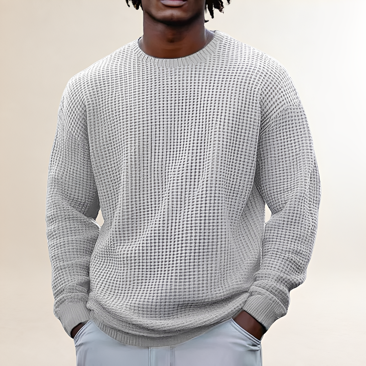 Męska bluza z długim rękawem okrągły dekolt teksturowany waffle relaxed fit