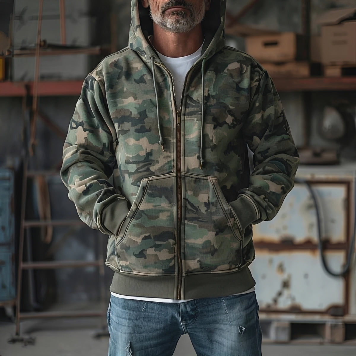 Męska bluza z kapturem i zamkiem pełnym - camo, luźny krój