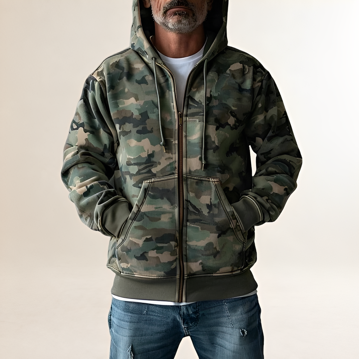 Męska bluza z kapturem i zamkiem pełnym - camo, luźny krój