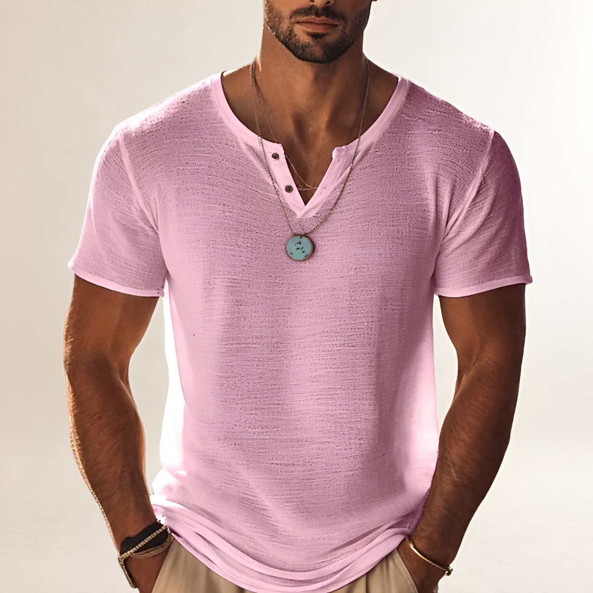 Męska koszula polo z krótkim rękawem Henley V-neck - luźny krój z teksturą