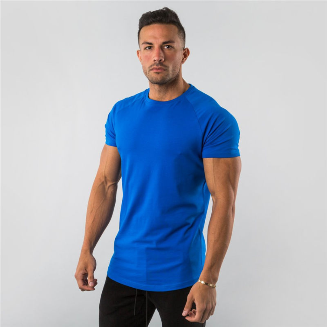Męska koszulka T-shirt z zaokrąglonym wykończeniem i raglanowymi rękawami - długi zarys, dopasowanie slim