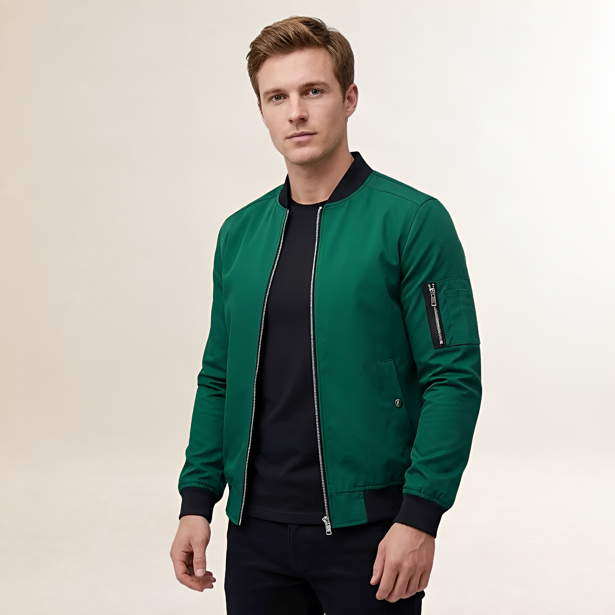 Męska kurtka bomberka slim fit z zamkiem i kieszenią na rękawie