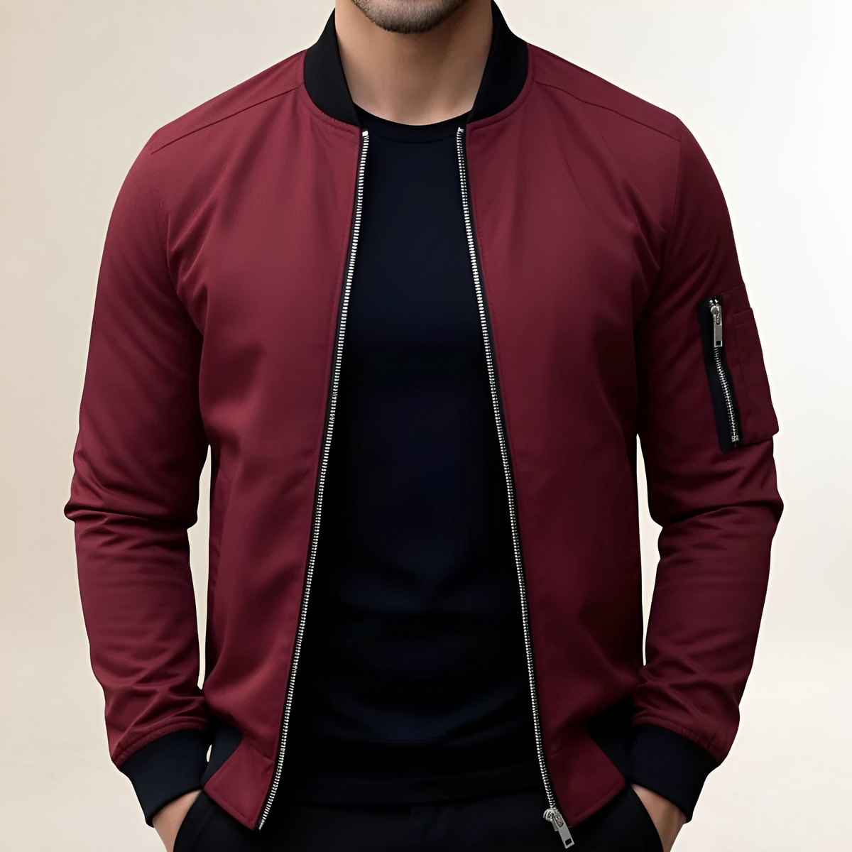 Męska kurtka bomberka slim fit z zamkiem i kieszenią na rękawie
