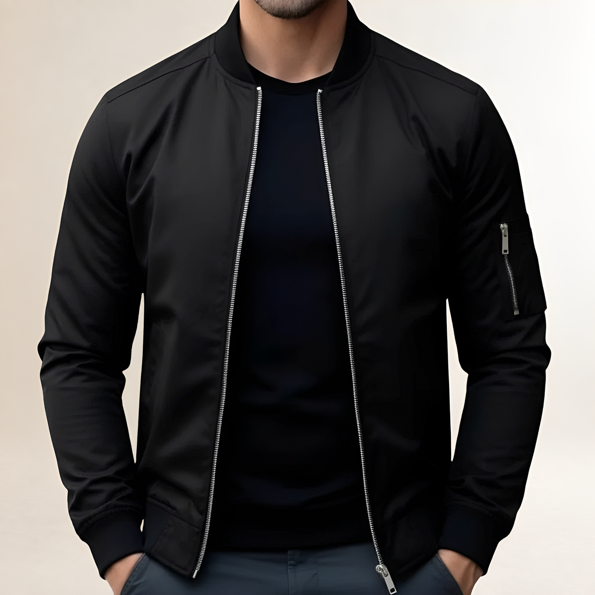 Męska kurtka bomberka slim fit z zamkiem i kieszenią na rękawie