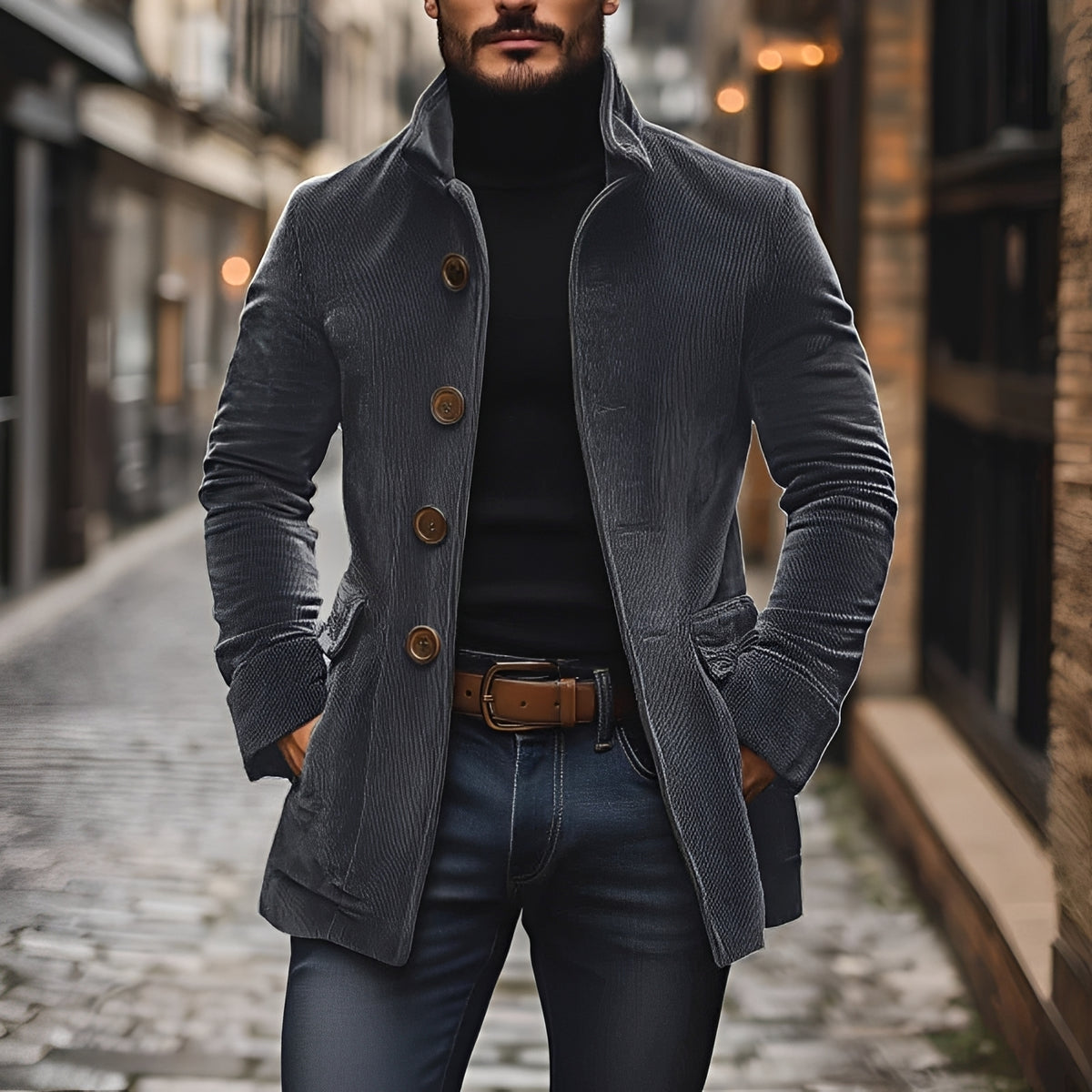 Męska kurtka typu peacoat slim fit z kołnierzem stojącym i zapięciem na guziki