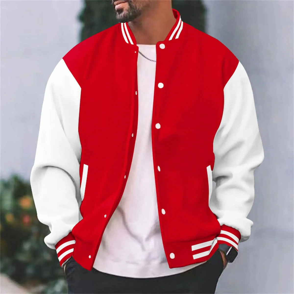 Męska kurtka varsity bomber - regularny krój, zapinanie na napy, kontrastowe rękawy