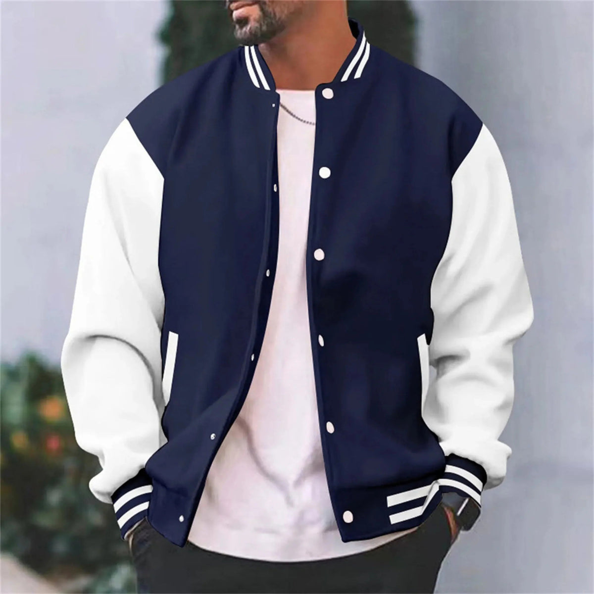 Męska kurtka varsity bomber - regularny krój, zapinanie na napy, kontrastowe rękawy