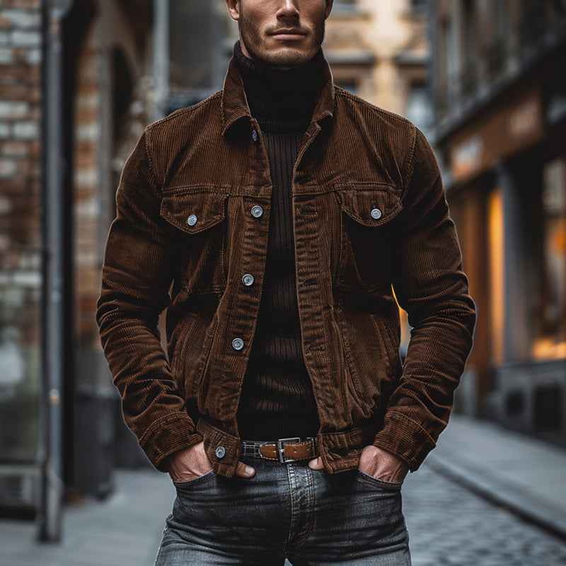 Męska kurtka vintage z zapięciem na guziki, kieszeniami na piersi i slim fit